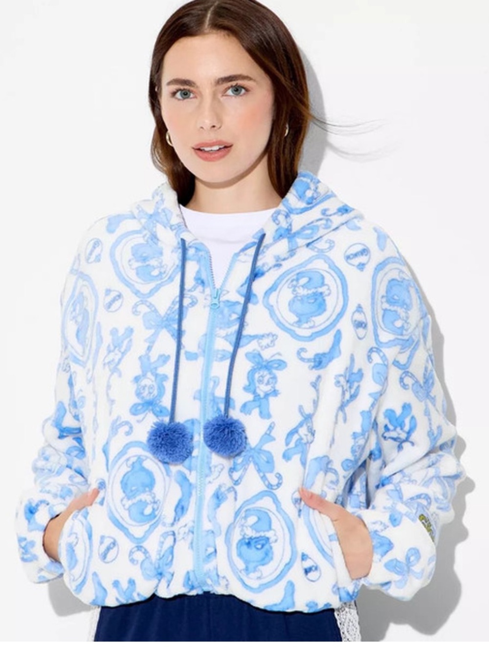 Cozy Blue & White Hooded Zip Jacket - Women's Top - The Grinch